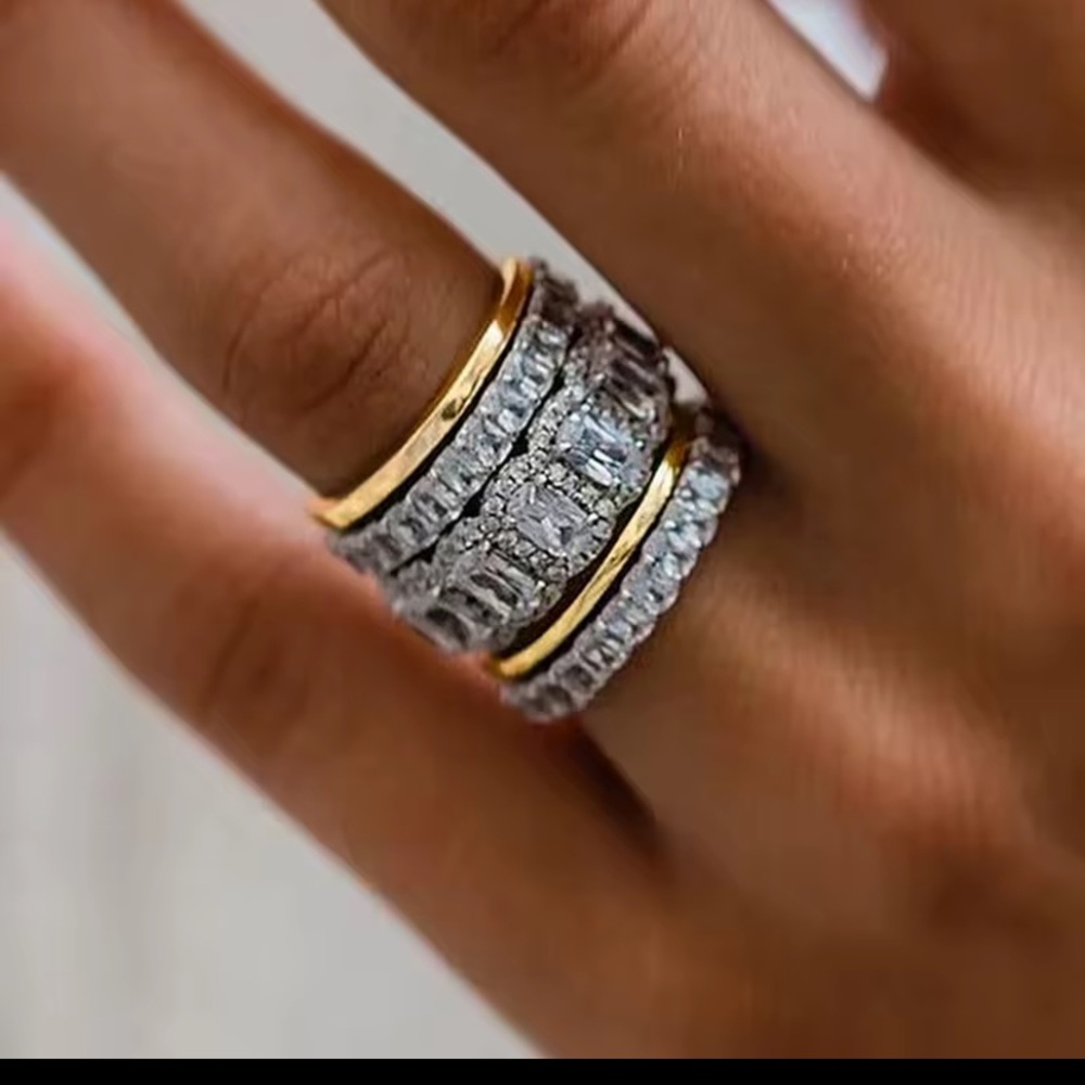 Stacked Gold and Silver White Topaz 5 Band Set - Women Jewelry 5 piece set